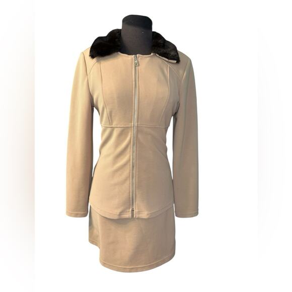 Y2K Fur Collar Ribbed Stretch Knit Dress Jacket Coord Set Size S Mob Wife Glam - Picture 1 of 9
